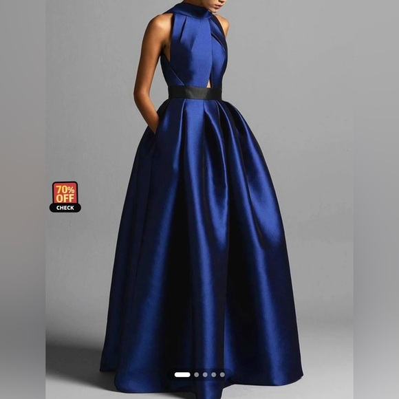 Formal Pockets Halter Maxi Dress Elegant Blue Evening Gown - Picture 1 of 11